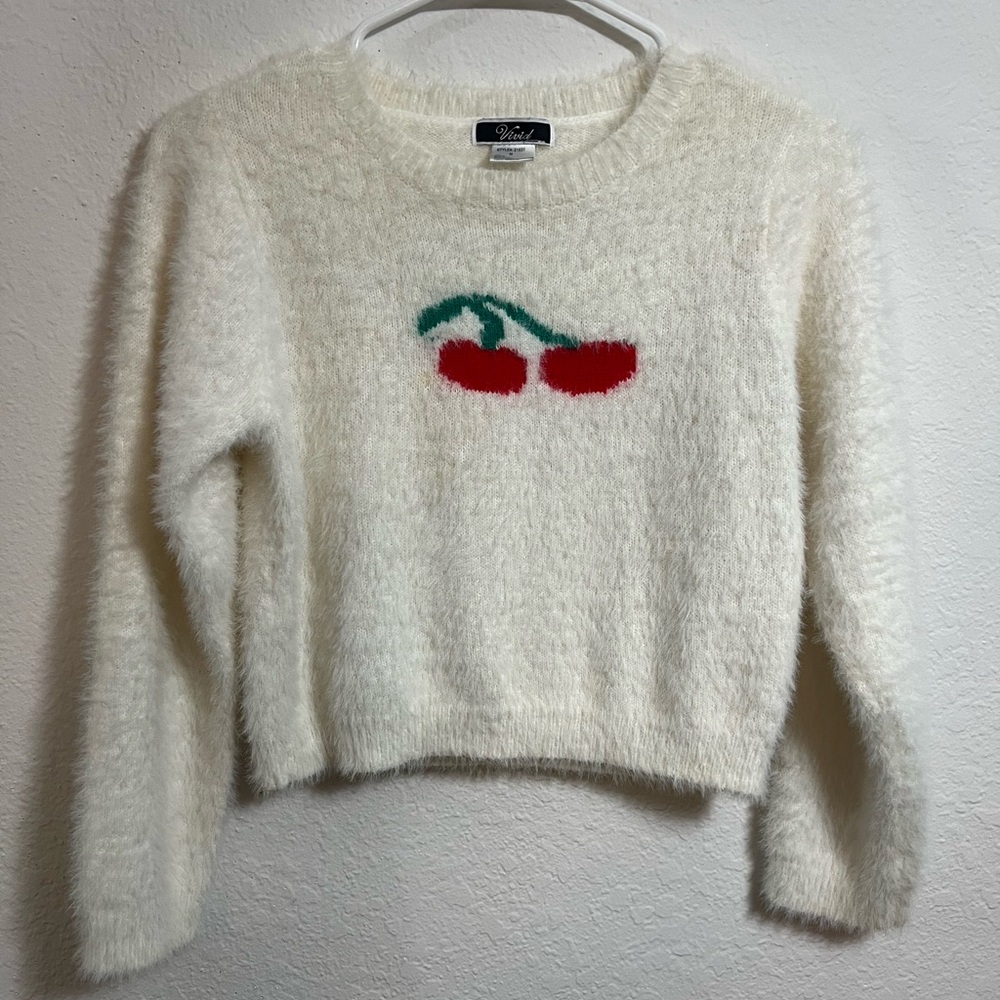 Wild Fable Fuzzy White Sweater with Red Cherry Design